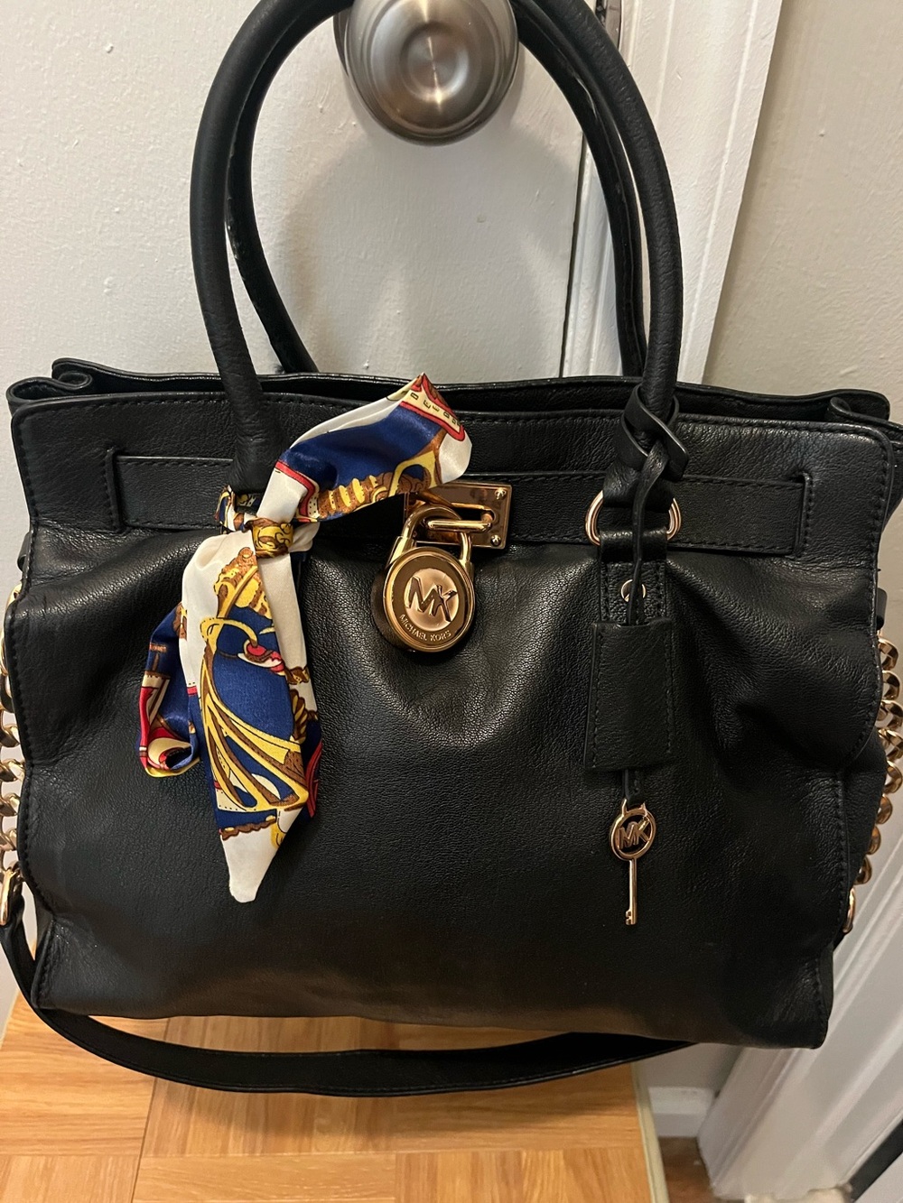 Michael Kors Black Leather Tote with Gold-Tone Accents and Silk Scarf